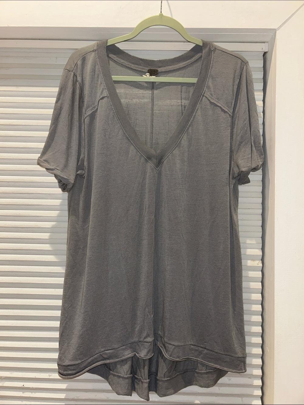 We The Free Womens Top Gray Deep V Neck High Low Raw Hem Sheer Slouchy